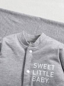 Newborn Baby Spring/Summer Knit Long Sleeve Romper, English Letter Minimalist Multi-Piece Home Wear Set - Light Grey - View 6