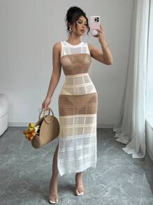 Elenzga Fashionable Sleeveless Hollow Out Crew Neck Knit Dress For Women