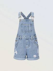 Denimly Tween Girl Fashionable Casual Cute Floral & Smiling Face Print Denim Ripped Distressed Washed Loose Strap Jumpsuit & Overalls With Frayed Hem