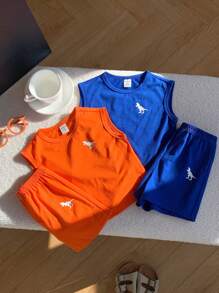 SHEIN 4 件套男童/女童卡通动物印花针织柔软圆领无袖背心 + 松紧腰休闲运动短裤，适合居家、外出、上学