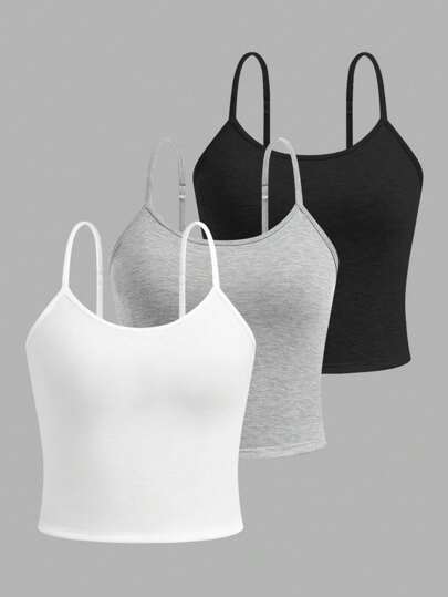 少女 3 件套可调节肩带修身吊带背心套装，简约舒适