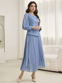 Modelyn 2pcs Women's Lantern Sleeve Double-Breasted Top And Pleated Skirt Set