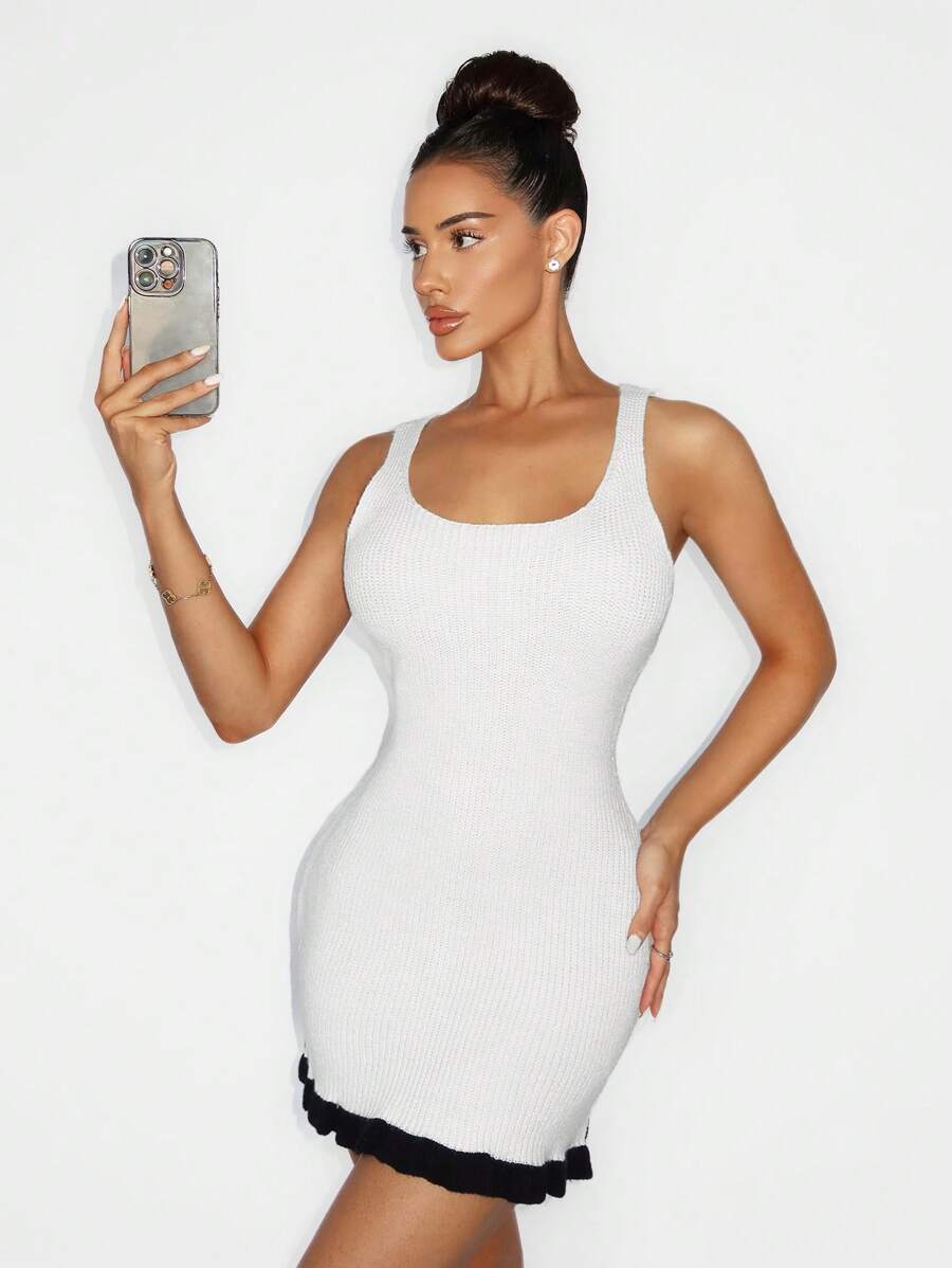 Zolique Black And White Slim Fitting Women's Suspender Sweater Dress, Mini Knitted Sweater Dress, Casual And Sexy Spring And Summer Women's Clothing That Meets Basic Travel Needs