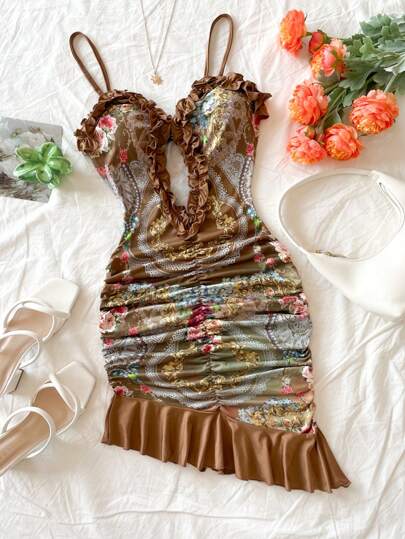 Soleia Sexy Hollow-Out Vintage Palace Floral Backless Ruffle Trim Fitted Mini Dress, V-Neck, Perfect For Vacation, Dating, Valentine's Day, Afternoon Tea