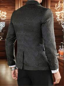 Manfinity Mode 男士提花图案翻领西装外套，多排扣设计，派对西装外套 - 黑色 - 查看 2