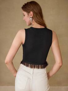 MOTF STUDIO BOW DECOR FRINGE HEM KNIT TOP - Black - View 3