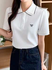 DAZY Women's Contrast Color Embroidery Bowknot Collar Ruffle Short Sleeve T-Shirt - White - View 4