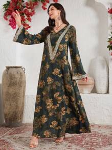 Al Najma 优雅花卉印花蕾丝花边喇叭袖阿拉伯连衣裙，阿拉伯连衣裙，端庄 - 綠色 - 查看 3