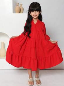 SHEIN Tween Girls' Loose V-Neck Layered Textured Fabric 3/4 Sleeve A-Line Dress - Red - View 10