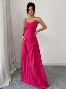 Elenzga 优雅女士细肩带荷叶边褶皱 A 字形连衣裙，浪漫 - 玫紅色 - 查看 3