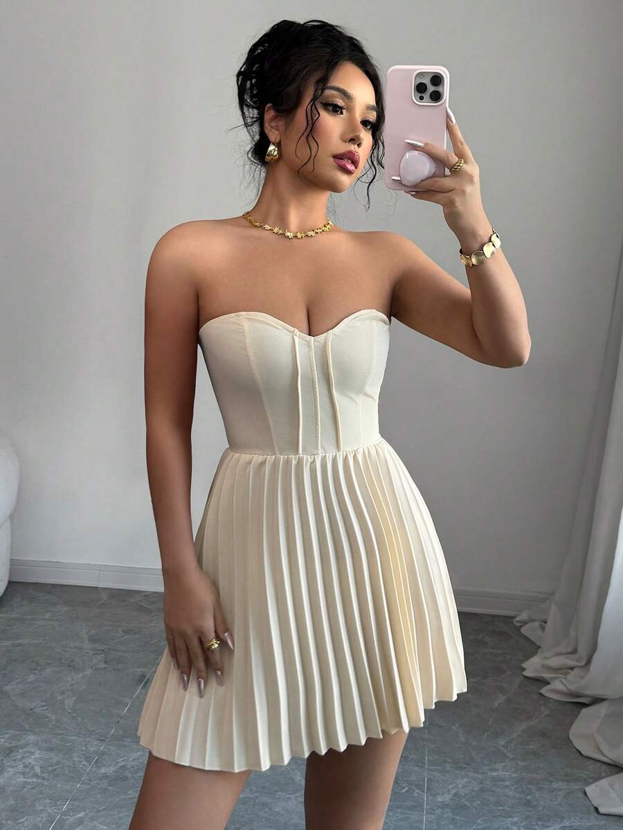 Elenzga Elegant Ruched Waist A-Line Dress, Romantic For Women - Apricot - View 1