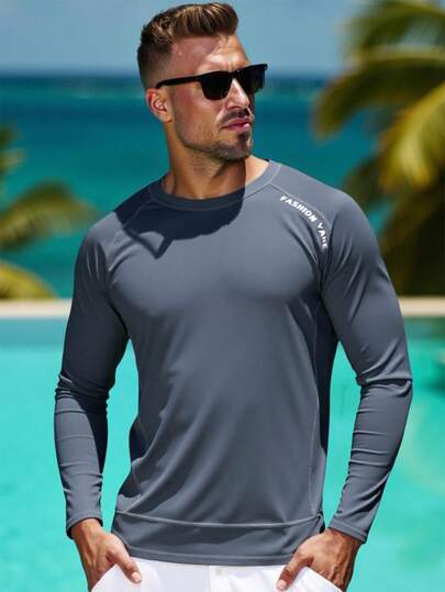 Manfinity Swimmode Mäns brevtryck rundhalsad Raglan långärmad surf-T-shirt