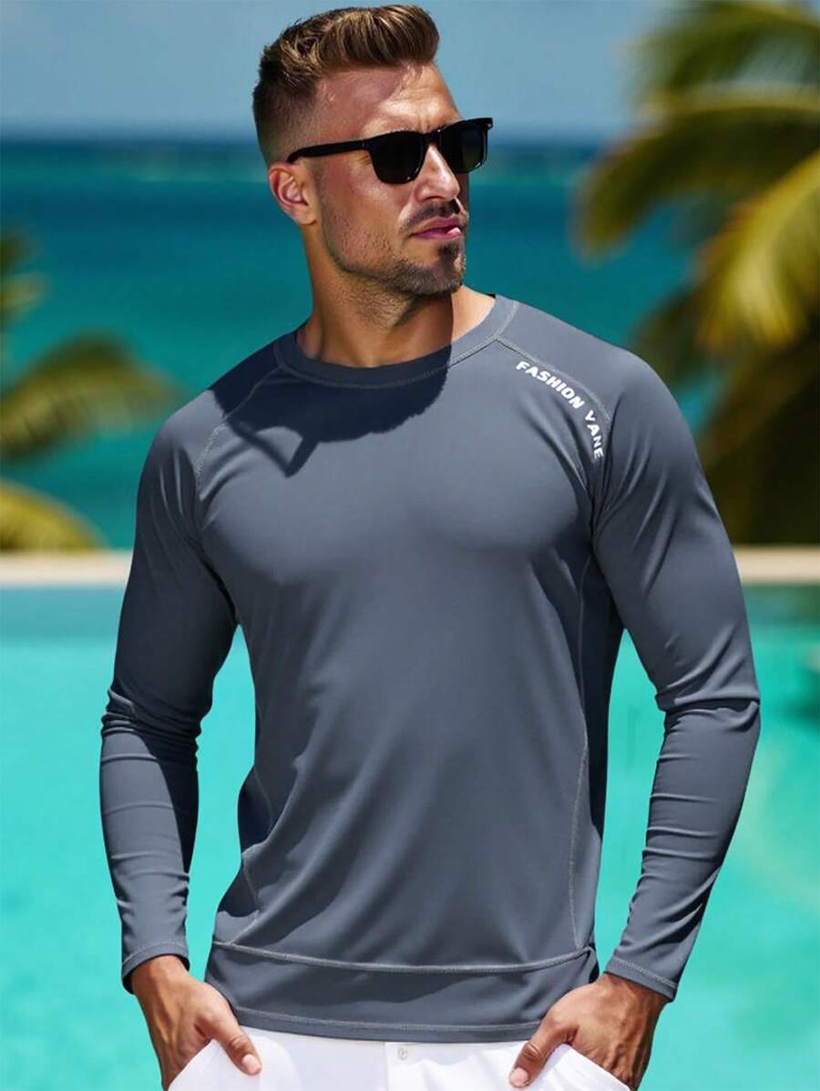 Manfinity Swimmode Men's Letter Print Round Neck Raglan Long Sleeve Surf T-Shirt Man Swim Trunks, Men Swim Shirt, Rashguard Men, Long Sleeve Swim Shirt, Men Active Wear