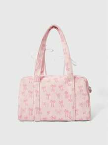 ROMWE Kawaii 大容量女士灯芯绒单肩包带蝴蝶结装饰，粉色