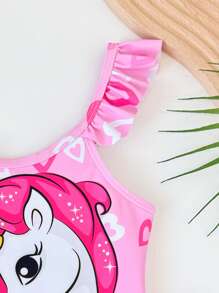 SHEIN Young Girl 1pc One-Piece Swimsuit With Ruffles, Cartoon Print, Random Other Prints - Pink - View 3