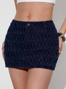 Navy Blue Denim Argyle Geometric Cut-Out Special Fabric Low Waist Streetwear Punk Y2K Super Skirt - Medium Wash - View 6