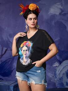 Frida Kahlo X SHEIN Plus Size Letnia, swobodna, kontrastowa, koronkowa, graficzna koszulka T-shirt