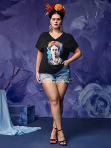 Frida Kahlo X SHEIN Plus Size Letnia, swobodna, kontrastowa, koronkowa, graficzna koszulka T-shirt