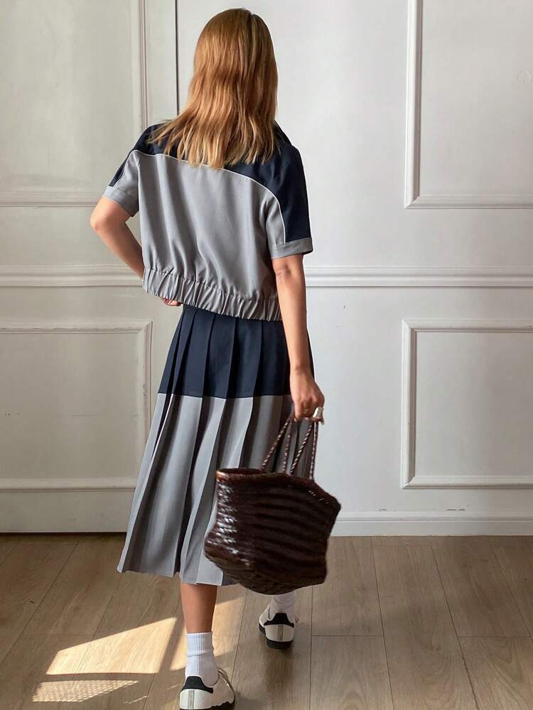 Women 2Pcs Casual Sports Outfit, Color Block Zip Up Short Sleeve Jacket & Pleated Skirt, Spring/Summer