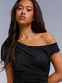 Athîral Women's Asymmetrical Neck Short Sleeve Slim Fit Long Elegant Party Dress