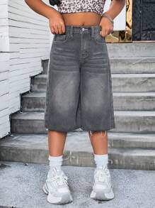 SHEIN Tween Girls Bermuda Loose Grey Washed Casual Distressed Hem Denim Long Shorts With Raw Hem,Casual Fashionable Frayed Wide Leg Denim Shorts, Girls Summer Boho Beach Vacation Concert Rave Outfits