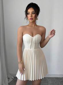 Elenzga Elegant Ruched Waist A-Line Dress, Romantic For Women - Apricot - View 4