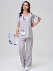 TaskEZ Colorful Spring And Summer Fashion Casual Multi-Functional Multi-Pocket Comfortable Women's Scrub Uniforms, Suitable For Hospitals, Clinics And Pet Hospitals,Solid Color Pocket Short Sleeve Top And Pants Scrub Uniform Set,Easter Women's Scrub Uniform