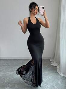 Rafferiza Women's Plunging V-Neck Halter Tie Back Contrast Lace Bodycon Fishtail Dress - Black - View 1