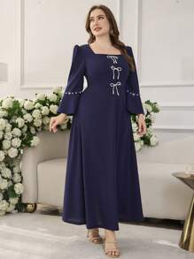 Modelyn Plus Size Long Sleeve Solid Color Bowknot Faux Pearl Decor Arabian Dress - Navy Blue - View 4