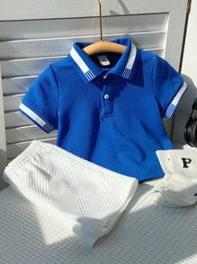 SHEIN Leap Crew 2pcs Set Casual Baby Boy/Girl Contrast Color Striped Detail Half Open Polo Shirt With Elastic Waist Knit Shorts, Suitable For Spring/Summer Everyday Wear - Blue - View 3