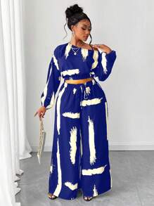 Maweii Plus Size Fashion Asymmetric Collar Long Sleeve 2pcs Set - Multicolor - View 1