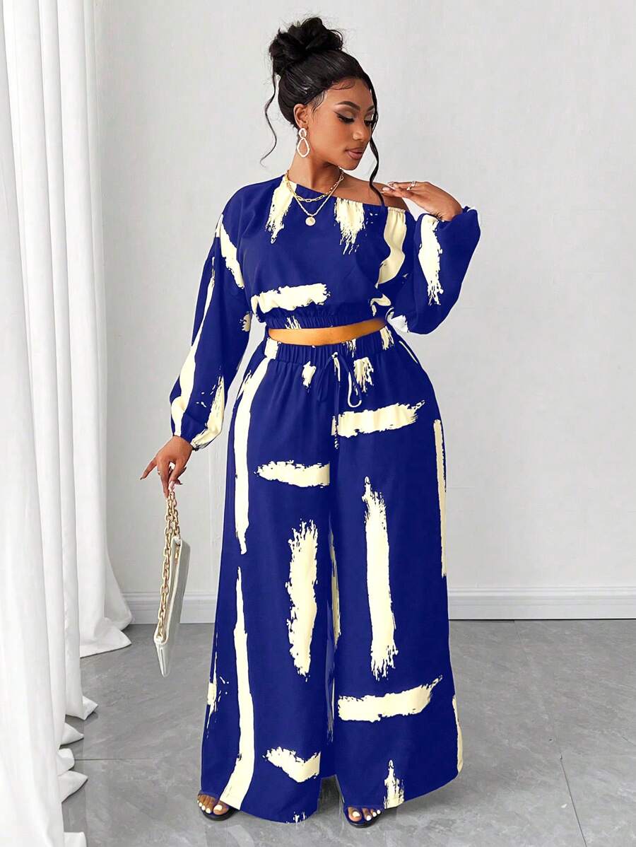 Maweii Plus Size Fashion Asymmetric Collar Long Sleeve 2pcs Set - Multicolor - View 1