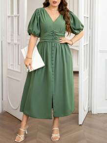 SHEIN Clasi 大码女式 V 领纯色泡泡袖优雅连衣裙 - 綠色 - 查看 4