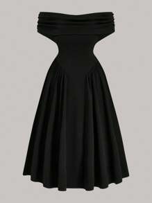 SHEIN Belle 大码露肩优雅小黑中长连衣裙，女士婚礼宾客礼服 - 黑色 - 查看 8