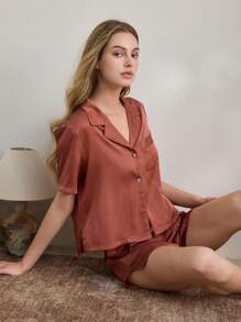 Ocili Leisure Women Solid Color V-Neck Short Sleeve Top And Shorts Pajama Set