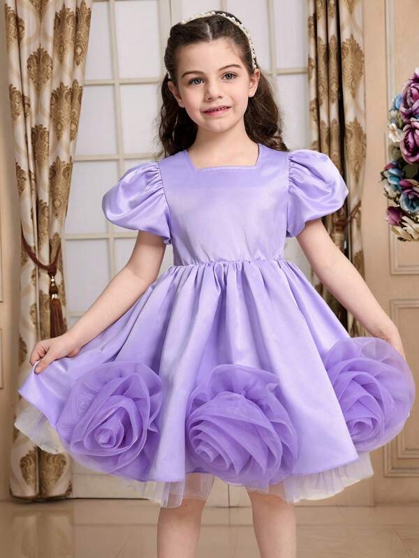 Vestido de largo medio ajustado y elegante para niña con cuello redondo, sin mangas, con estampado floral 3D y cintura recogida