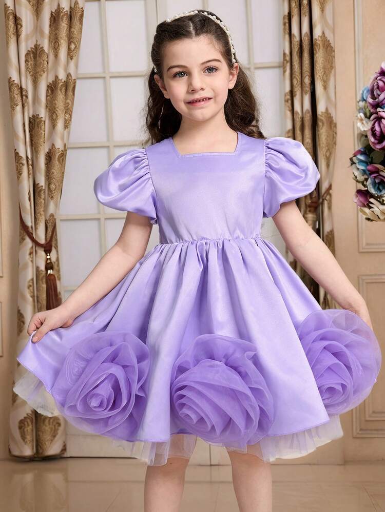 Young Girl Slim Fit Elegant Round Neck Sleeveless Floral 3D Waist Cinched Mid-Length Dress