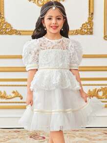 SHEIN Leap Crew Young Girl Gorgeous 3D Floral Lace Trim Decor Round Neck Mesh Overlay Dress - White - View 1