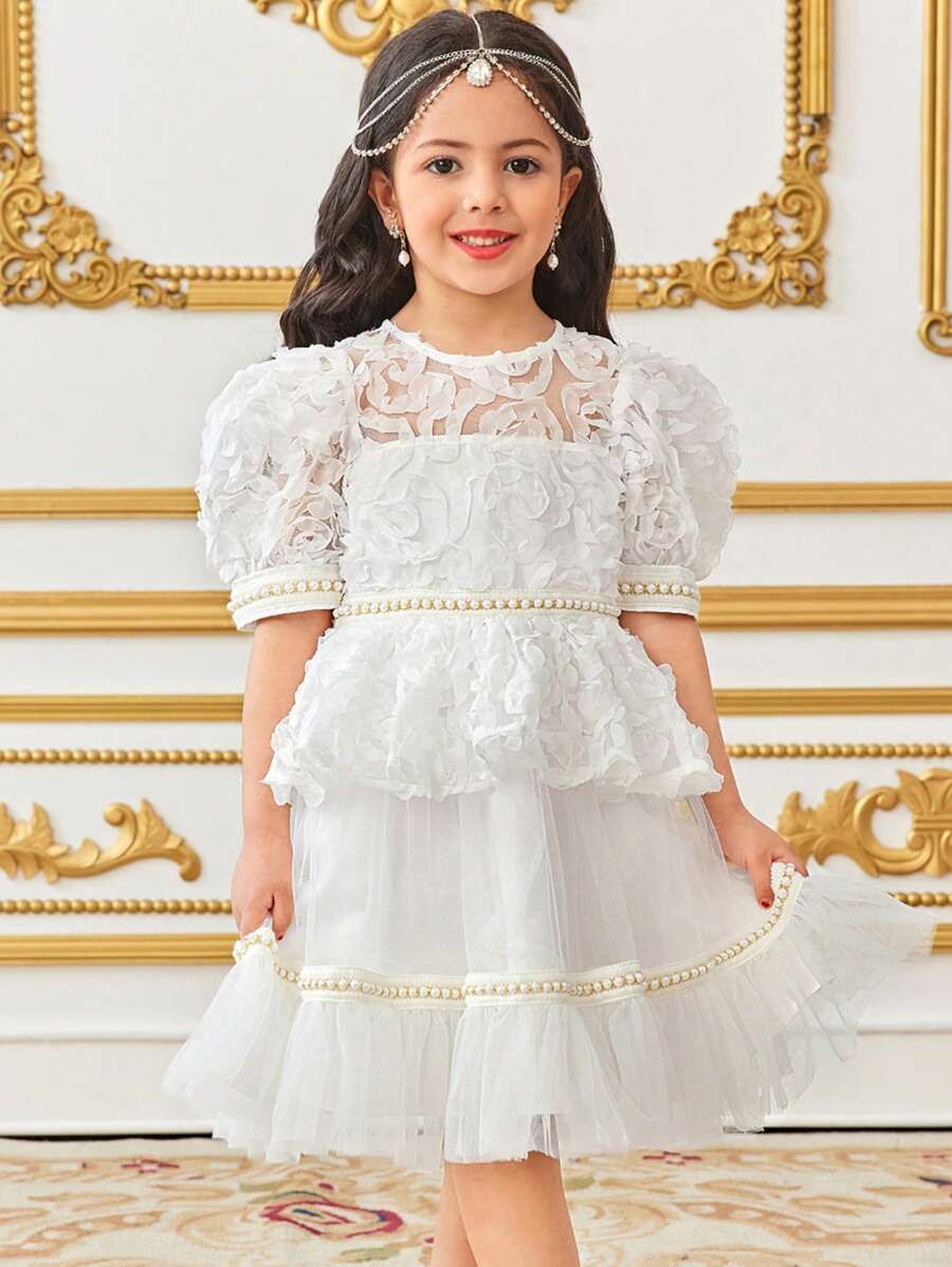 SHEIN Leap Crew Young Girl Gorgeous 3D Floral Lace Trim Decor Round Neck Mesh Overlay Dress - White - View 1