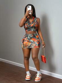 Slaydiva Nuevo conjunto casual de 2 piezas de chaleco deportivo con estampado callejero y cremallera y falda con bolsillos - Z
