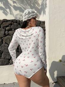 Flirla Plus Size Cherry Print V-Neck Button Detailed Ribbed Bodysuit For Women, High Waist Slim Fit Long Sleeve Bodysuit - Multicolor - View 2