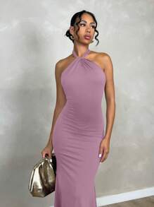 Glamine 1 件女式纯色优雅吊带扭背长款紧身连衣裙长款女式服装