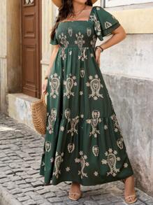 Breezaya 大码女式休闲印花简约日常连衣裙（随机印花）长款女装西装 - 綠色 - 查看 3