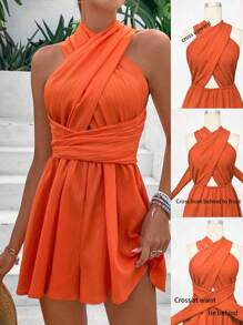 SHEIN Clasi Plus Size Women's Strappy Back Textured Sexy Sleeveless Romper For Vacation - Orange - View 1