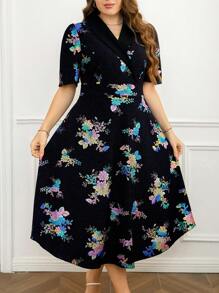 SHEIN Clasi Curvy Plus Size Women's Sparkling Floral Print Short Sleeve Elegant Black Summer Dress,V Neck A-Line Midi Cocktail Resort & Wedding Guest Formal Dress - Multicolor - View 7