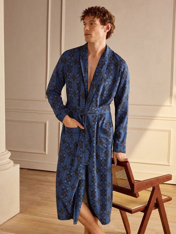 SHEIN EverLounge 1pc Men's Long Sleeve Robe With Waist Belt, Minimalist & Casual For Everyday Wear