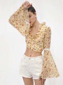 Femmeiva Women's Yellow Ditsy Floral V-Neck Frill Blouse,Autumn Boho Holiday Tea Party Long Flared Sleeve Lace Embellished Waist-Cinched French Vintage Top - Yellow - View 2