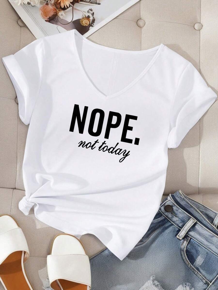 EMERY ROSE Plus Size Women Casual Minimalist Letter Print V-Neck Short Sleeve T-Shirt, Suitable For Summer Suitable For Going Out,Spring/Vacation - White - View 1