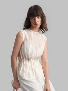 Ontre Women's Four-Season White Vacation Top, Semi-Transparent Round Neck Sleeveless Pleated X-Shaped Top, Autumn Clothing, Outdoor Clothing, Elegant Tops For Women - Apricot - View 1