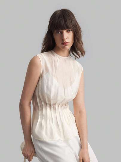 Ontre 女款四季白色度假上衣，半透明圆领无袖褶皱X型上衣，秋季服装，户外服装，女士优雅上衣